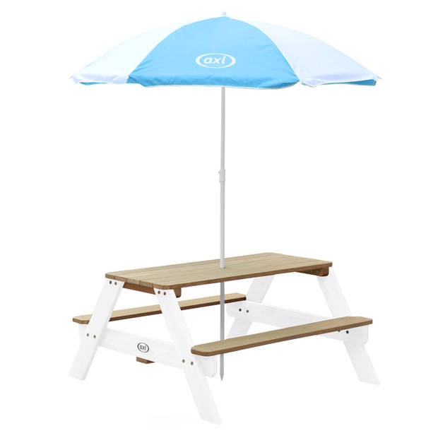 AXI Nick Picknicktafel voor kinderen in bruin/wit met parasol in blauw/wit Picknick tafel van hout in diverse kleuren