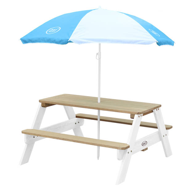 AXI Nick Picknicktafel voor kinderen in bruin/wit met parasol in blauw/wit Picknick tafel van hout in diverse kleuren