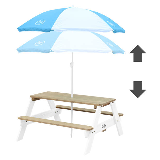 AXI Nick Picknicktafel voor kinderen in bruin/wit met parasol in blauw/wit Picknick tafel van hout in diverse kleuren