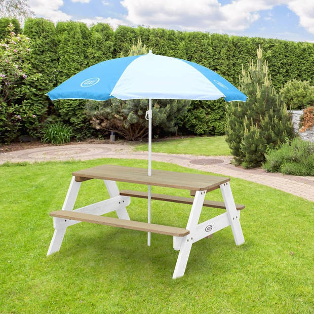 AXI Nick Picknicktafel voor kinderen in bruin/wit met parasol in blauw/wit Picknick tafel van hout in diverse kleuren