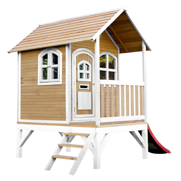 AXI Tom Speelhuis op palen & rode glijbaan Speelhuisje voor de tuin / buiten in bruin & wit van FSC hout