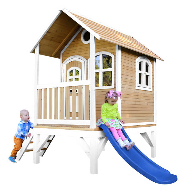 AXI Tom Speelhuis op palen & blauwe glijbaan Speelhuisje voor de tuin / buiten in bruin & wit van FSC hout