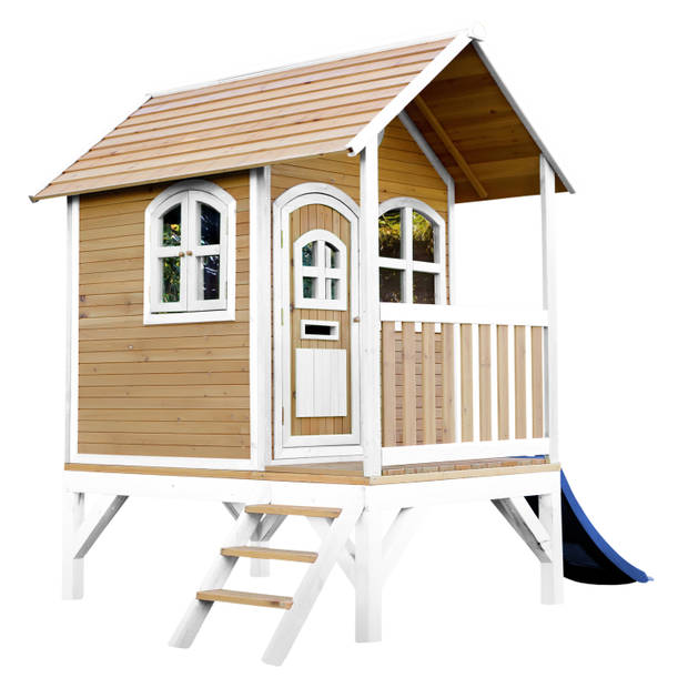 AXI Tom Speelhuis op palen & blauwe glijbaan Speelhuisje voor de tuin / buiten in bruin & wit van FSC hout