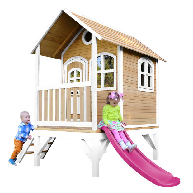 AXI Tom Speelhuis op palen & paarse glijbaan Speelhuisje voor de tuin / buiten in bruin & wit van FSC hout