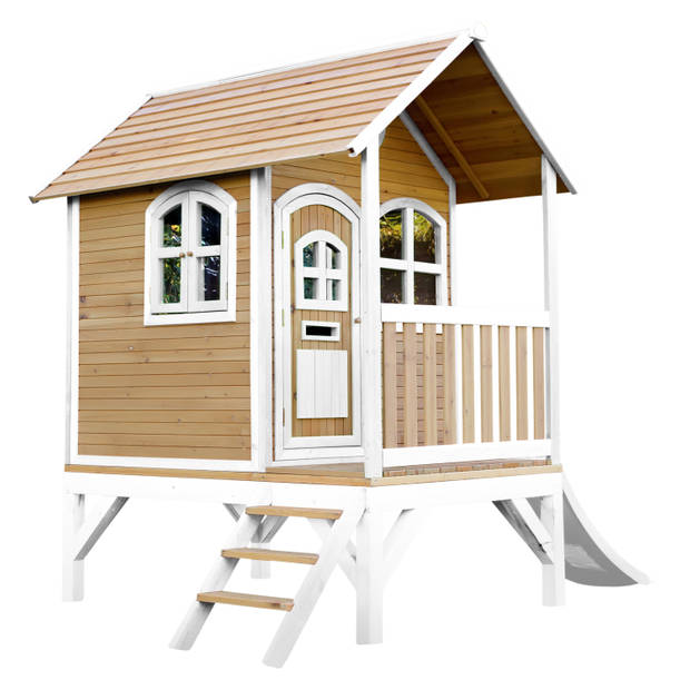 AXI Tom Speelhuis op palen & witte glijbaan Speelhuisje voor de tuin / buiten in bruin & wit van FSC hout