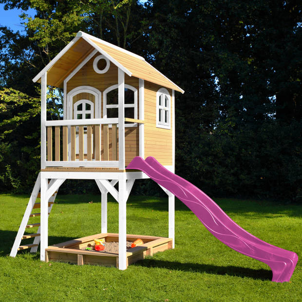 AXI Sarah Speelhuis op palen, zandbak & paarse glijbaan Speelhuisje voor de tuin / buiten in bruin & wit van FSC hout