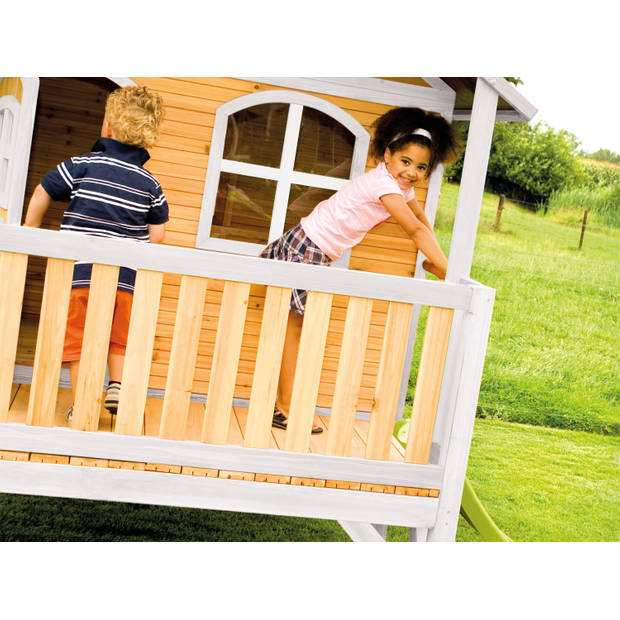 AXI Stef Speelhuis op palen & limoen groene glijbaan Speelhuisje voor de tuin / buiten in bruin & wit van FSC hout