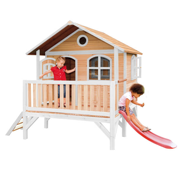 AXI Stef Speelhuis op palen & rode glijbaan Speelhuisje voor de tuin / buiten in bruin & wit van FSC hout
