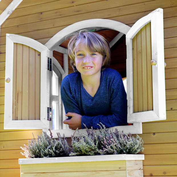 AXI Marc Speelhuis op palen, zandbak & paarse glijbaan Speelhuisje voor de tuin / buiten in bruin & wit van FSC hout