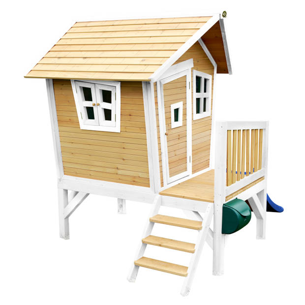 AXI Robin Speelhuis op palen & blauwe glijbaan Speelhuisje voor de tuin / buiten in bruin & wit van FSC hout