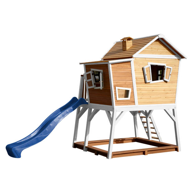 AXI Max Speelhuis op palen, zandbak & blauwe glijbaan Speelhuisje voor de tuin / buiten in bruin & wit van FSC hout