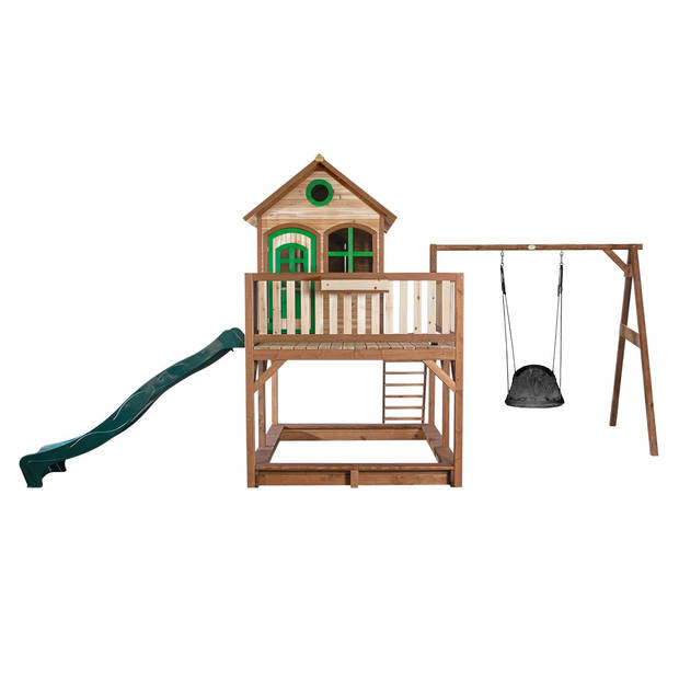 AXI Liam Speelhuis op palen, zandbak & witte glijbaan Speelhuisje voor de tuin / buiten in bruin & groen van FSC hout