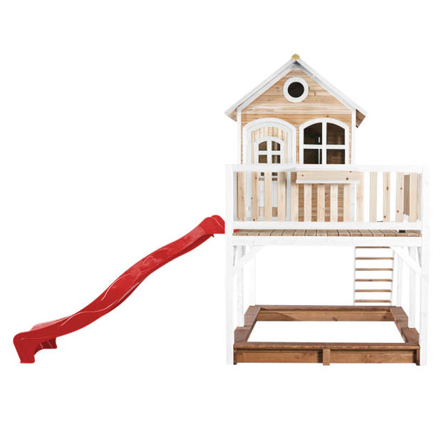 AXI Liam Speelhuis op palen, zandbak & rode glijbaan Speelhuisje voor de tuin / buiten in bruin & wit van FSC hout