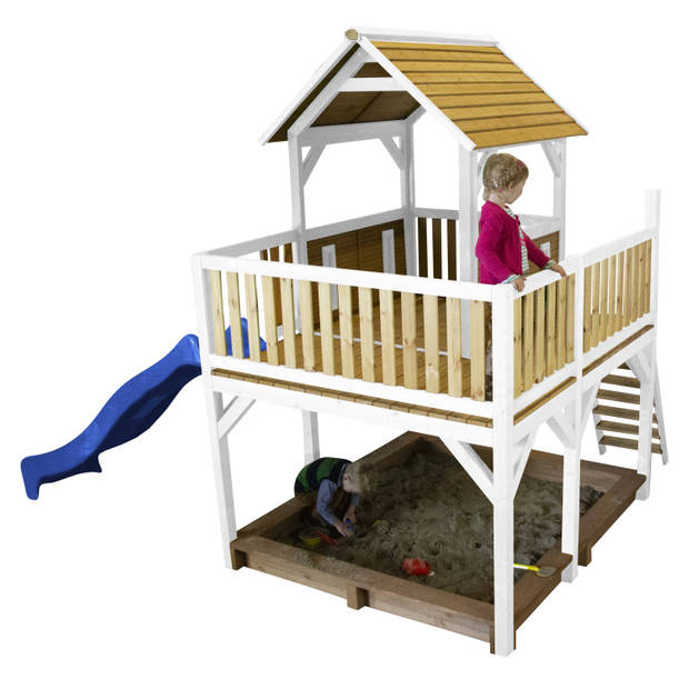 AXI Atka Speelhuis op palen, zandbak & blauwe glijbaan Speelhuisje voor de tuin / buiten in bruin & wit van FSC hout