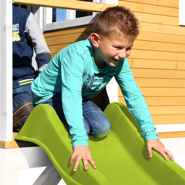 AXI Marc Speelhuis op palen, zandbak & limoen groene glijbaan Speelhuisje voor de tuin / buiten in bruin & wit van FSC