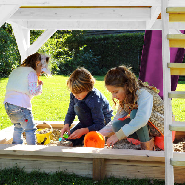 AXI Romy Speelhuis op palen, zandbak & paarse glijbaan Speelhuisje voor de tuin / buiten in bruin & wit van FSC hout