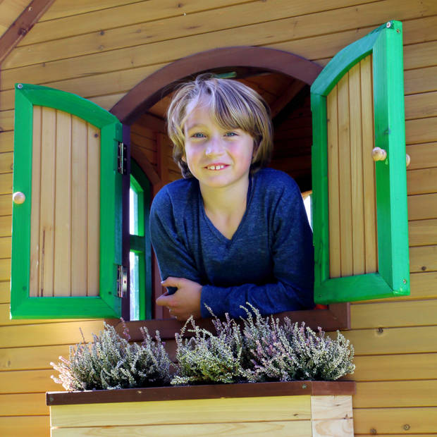 AXI Andy Speelhuis op palen, zandbak & groene glijbaan Speelhuisje voor de tuin / buiten in bruin & groen van FSC hout