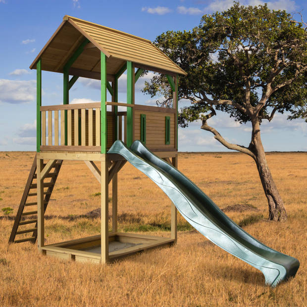 AXI Dory Speelhuis op palen, zandbak & groene glijbaan Speelhuisje voor de tuin / buiten in bruin & groen van FSC hout