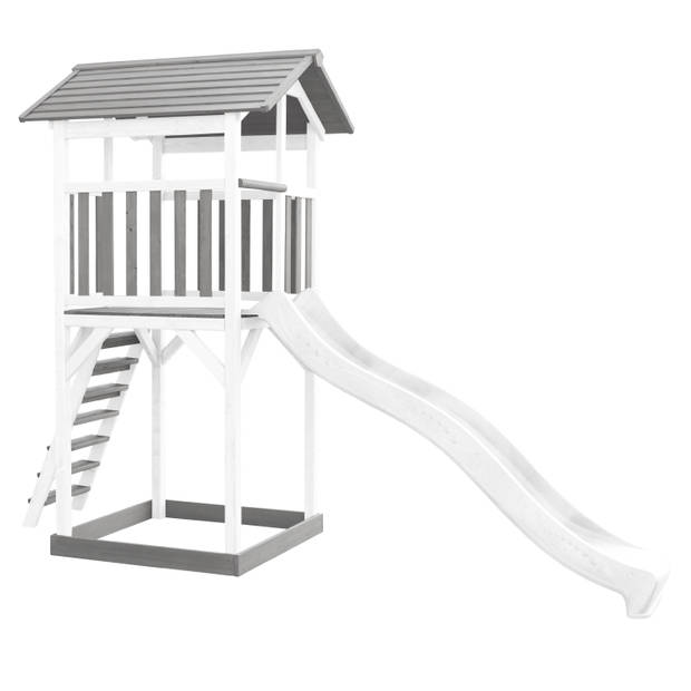 AXI Beach Tower Speeltoestel van hout in Grijs & Wit Speeltoren met zandbak en witte glijbaan