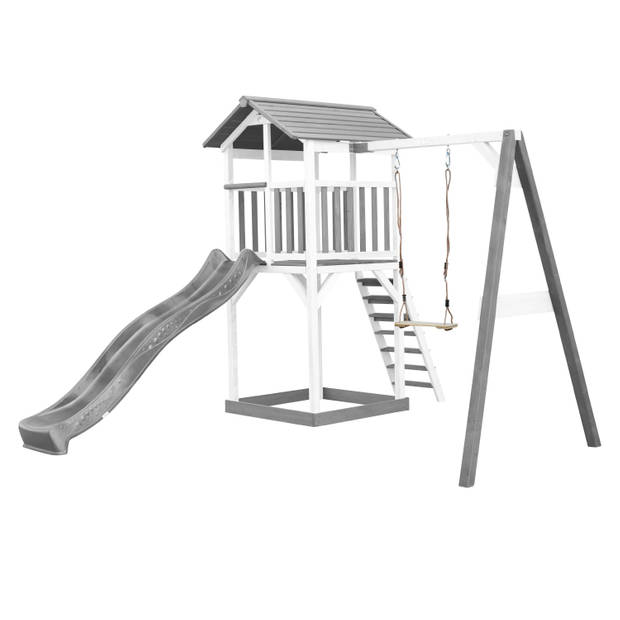 AXI Beach Tower Speeltoestel van hout in Grijs en Wit Speeltoren met zandbak, schommel en grijze glijbaan