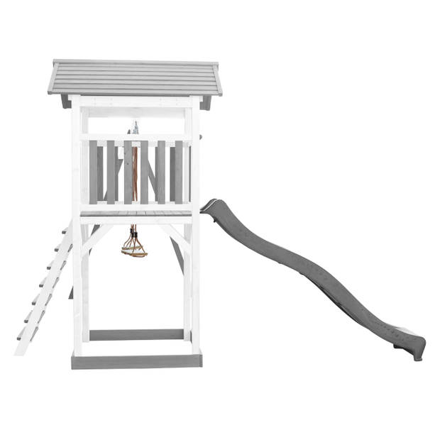 AXI Beach Tower Speeltoestel van hout in Grijs en Wit Speeltoren met zandbak, dubbele schommel en grijze glijbaan