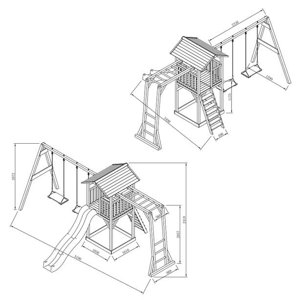AXI Beach Tower Speeltoestel van hout in Grijs en Wit Speeltoren met zandbak, klimrek, dubbele schommel en grijze