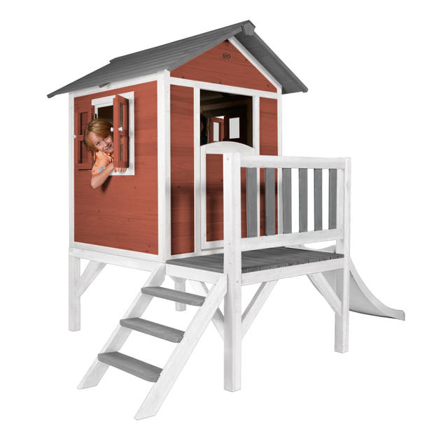 AXI Speelhuis Beach Lodge XL Rood met witte glijbaan Speelhuis op palen met veranda gemaakt van FSC hout