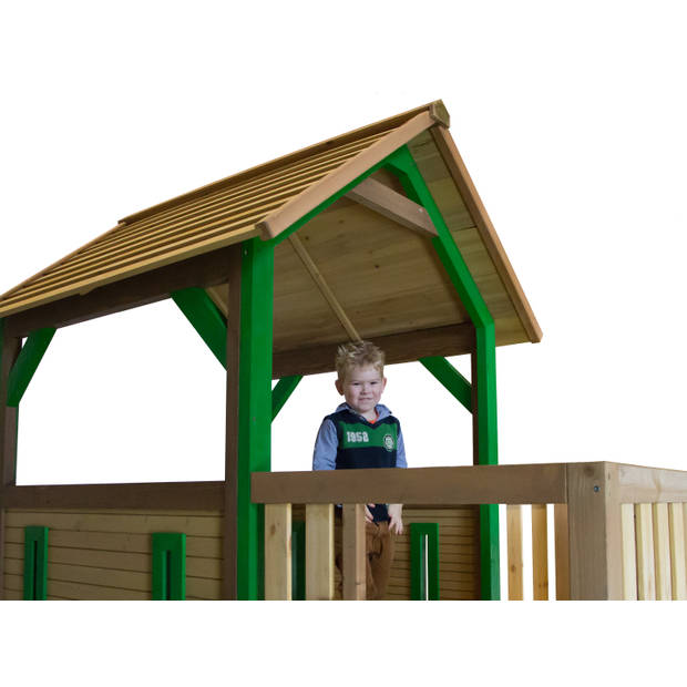 AXI Atka Speelhuis op palen, zandbak & grijze glijbaan Speelhuisje voor de tuin / buiten in bruin & groen van FSC hout