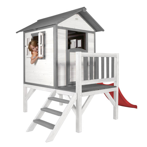 AXI Speelhuis Beach Lodge XL Wit met rode glijbaan Speelhuis op palen met veranda gemaakt van FSC hout