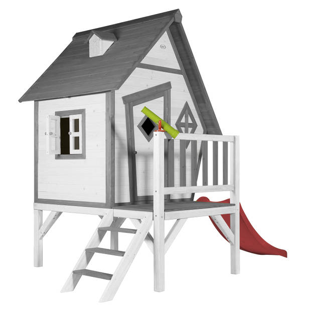 AXI Speelhuis Cabin XL Wit met rode glijbaan Speelhuis op palen met veranda gemaakt van FSC hout