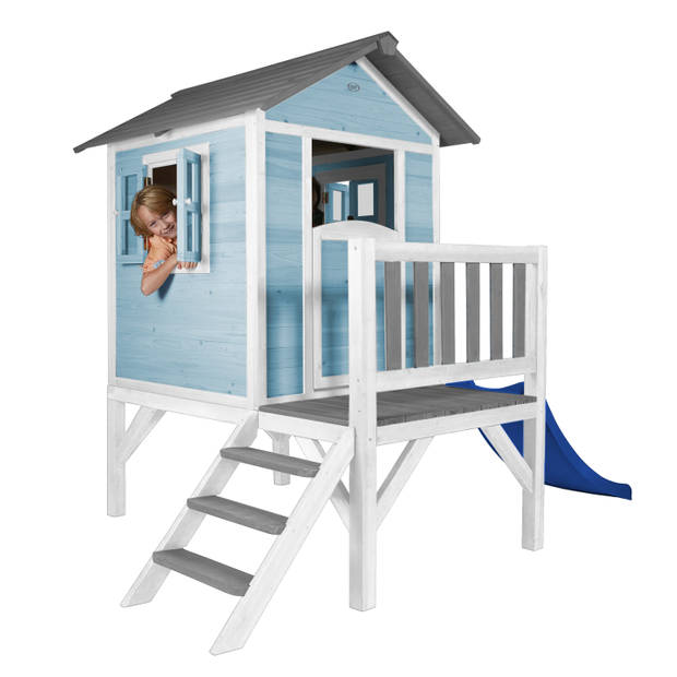 AXI Speelhuis Beach Lodge XL Blauw met blauwe glijbaan Speelhuis op palen met veranda gemaakt van FSC hout