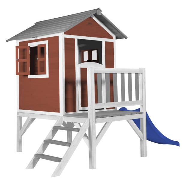 AXI Speelhuis Beach Lodge XL Rood met blauwe glijbaan Speelhuis op palen met veranda gemaakt van FSC hout