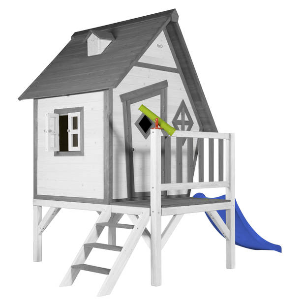AXI Speelhuis Cabin XL Wit met blauwe glijbaan Speelhuis op palen met veranda gemaakt van FSC hout