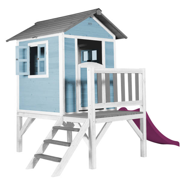 AXI Speelhuis Beach Lodge XL Blauw met paarse glijbaan Speelhuis op palen met veranda gemaakt van FSC hout