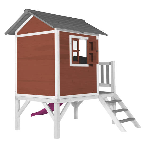 AXI Speelhuis Beach Lodge XL Rood met paarse glijbaan Speelhuis op palen met veranda gemaakt van FSC hout