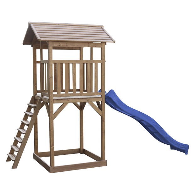 AXI Beach Tower Speeltoestel van hout in Bruin Speeltoren met zandbak en blauwe glijbaan