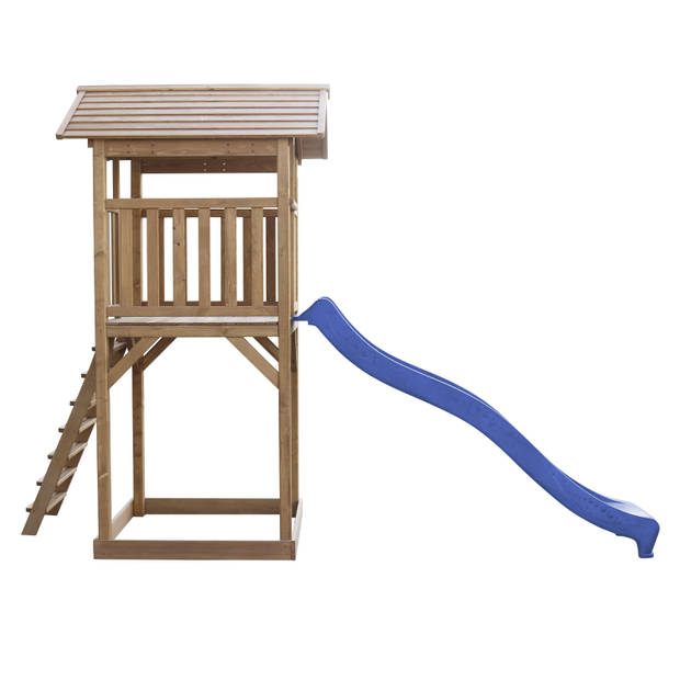 AXI Beach Tower Speeltoestel van hout in Bruin Speeltoren met zandbak en blauwe glijbaan