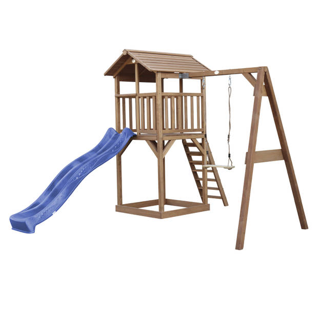 AXI Beach Tower Speeltoestel van hout in Bruin Speeltoren met zandbak, schommel en blauwe glijbaan