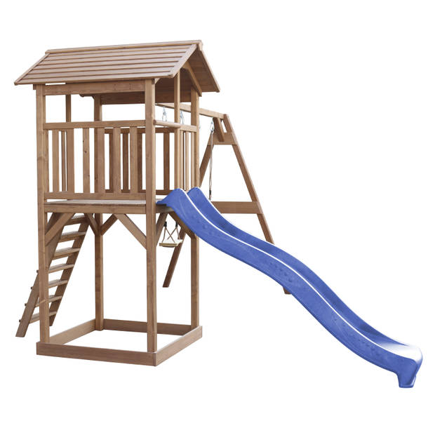 AXI Beach Tower Speeltoestel van hout in Bruin Speeltoren met zandbak, dubbele schommel en blauwe glijbaan
