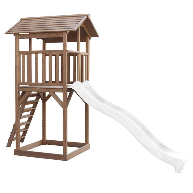 AXI Beach Tower Speeltoestel van hout in Bruin Speeltoren met zandbak en witte glijbaan
