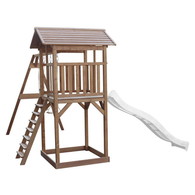 AXI Beach Tower Speeltoestel van hout in Bruin Speeltoren met zandbak, dubbele schommel en witte glijbaan