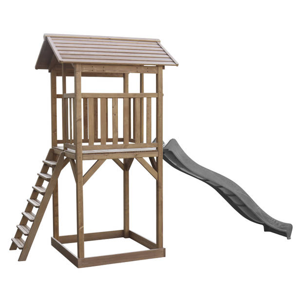 AXI Beach Tower Speeltoestel van hout in Bruin Speeltoren met zandbak en grijze glijbaan