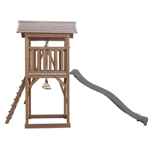 AXI Beach Tower Speeltoestel van hout in Bruin Speeltoren met zandbak, dubbele schommel en grijze glijbaan