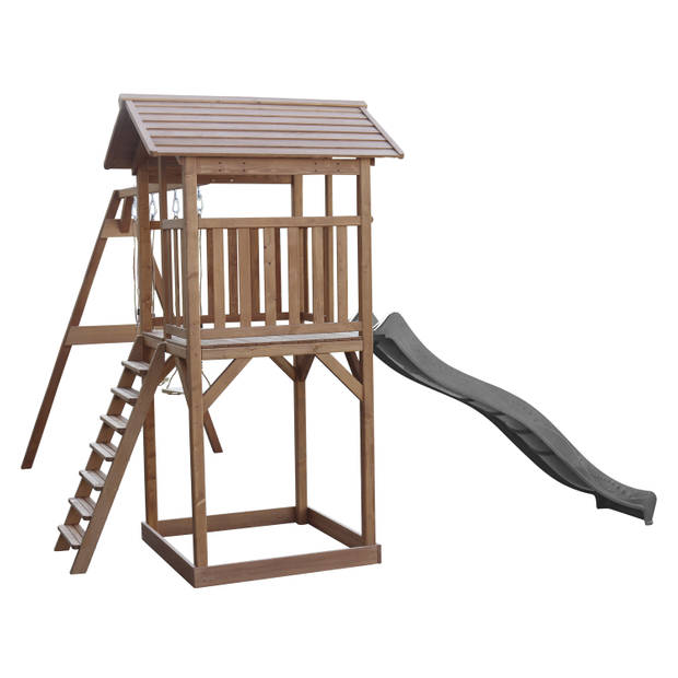 AXI Beach Tower Speeltoestel van hout in Bruin Speeltoren met zandbak, dubbele schommel en grijze glijbaan