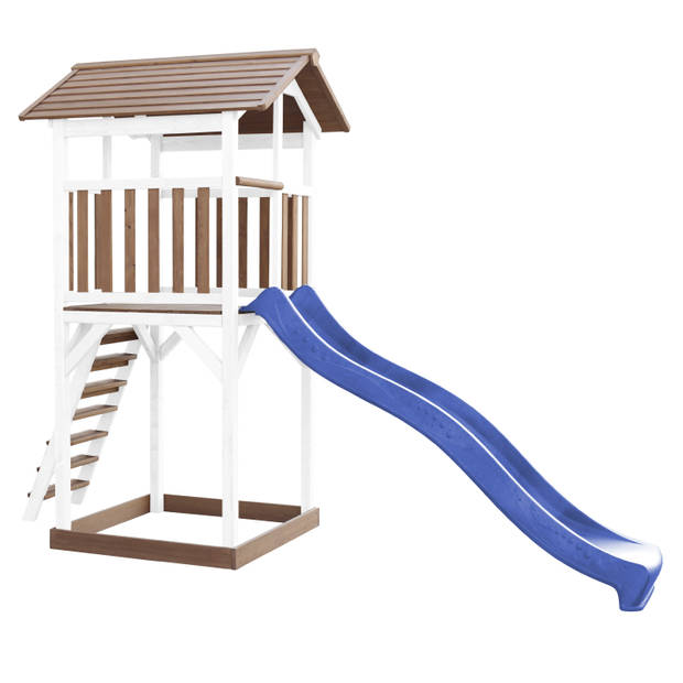 AXI Beach Tower Speeltoestel van hout in Bruin en Wit Speeltoren met zandbak en blauwe glijbaan