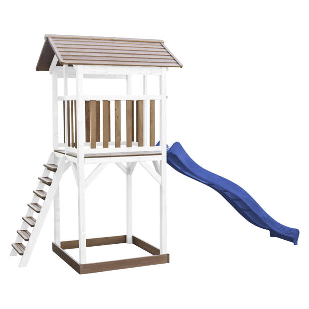 AXI Beach Tower Speeltoestel van hout in Bruin en Wit Speeltoren met zandbak en blauwe glijbaan