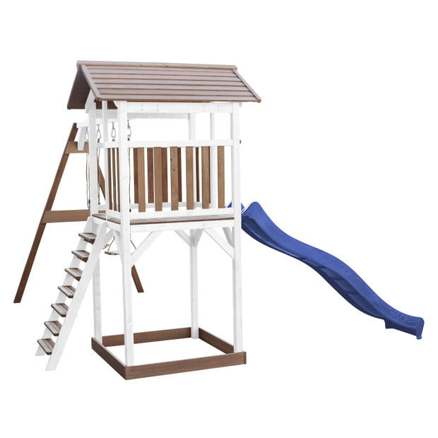 AXI Beach Tower Speeltoestel van hout in Bruin en Wit Speeltoren met zandbak, dubbele schommel en blauwe glijbaan
