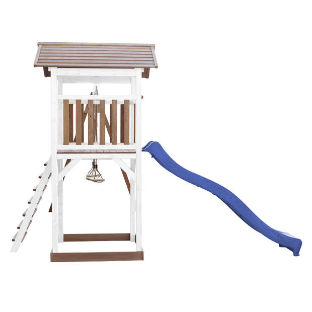 AXI Beach Tower Speeltoestel van hout in Bruin en Wit Speeltoren met zandbak, dubbele schommel en blauwe glijbaan