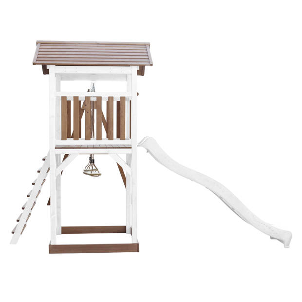 AXI Beach Tower Speeltoestel van hout in Bruin en Wit Speeltoren met zandbak, dubbele schommel en witte glijbaan