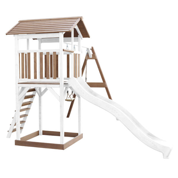 AXI Beach Tower Speeltoestel van hout in Bruin en Wit Speeltoren met zandbak, dubbele schommel en witte glijbaan
